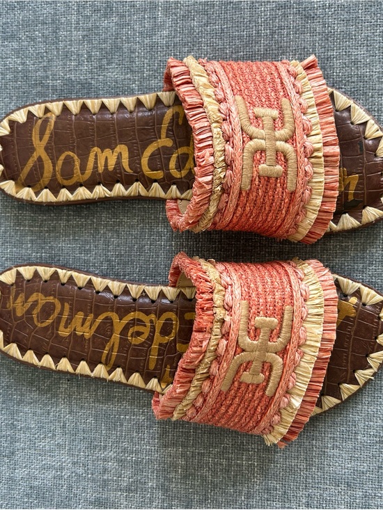 Sam Edelman Shoes - Sam Edelman Coral and Tan Raffia Slide Sandals